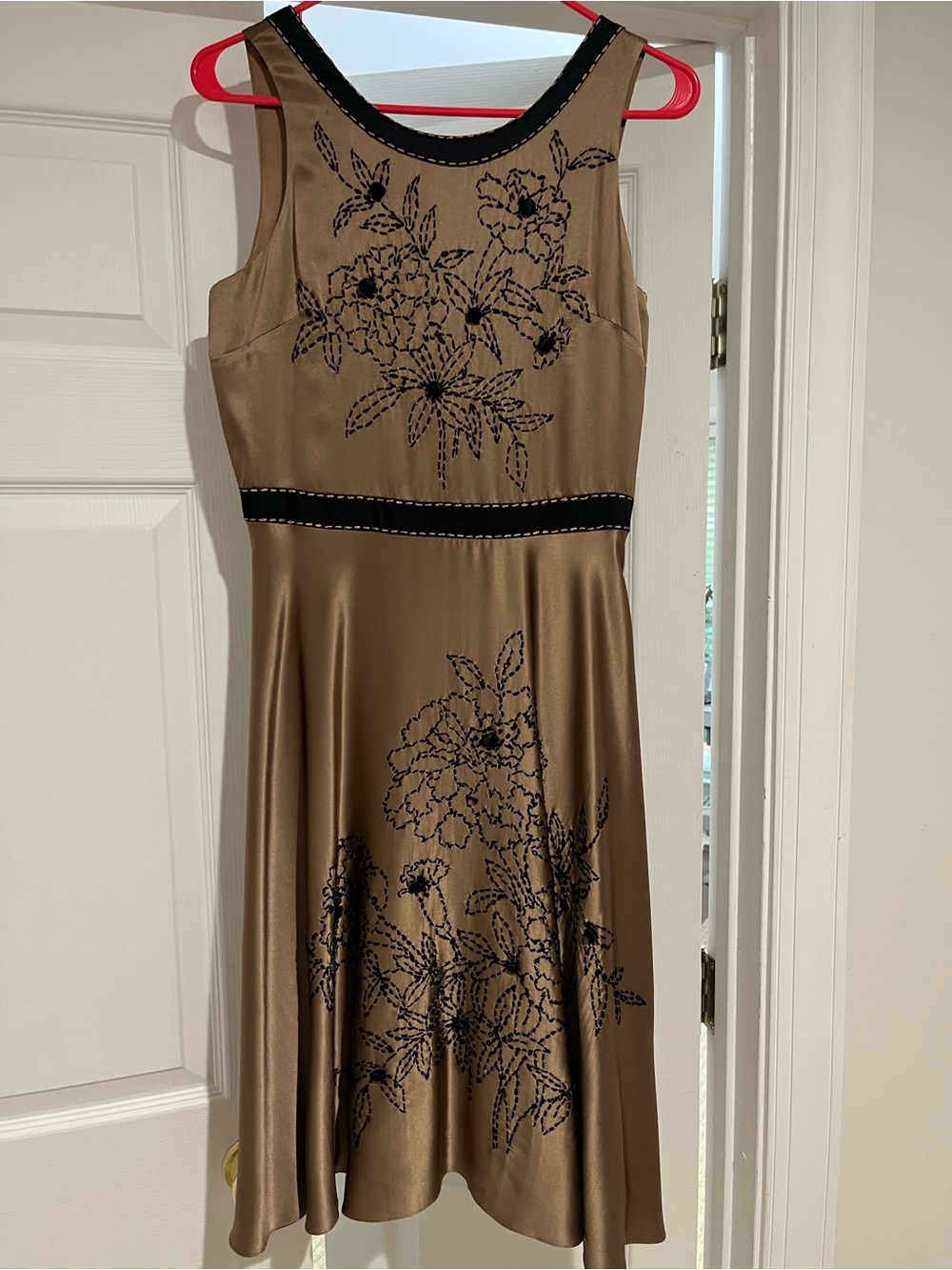 Sue Wong Silk & Embroidered Midi Dress in Bronze Brown & Black Size 6